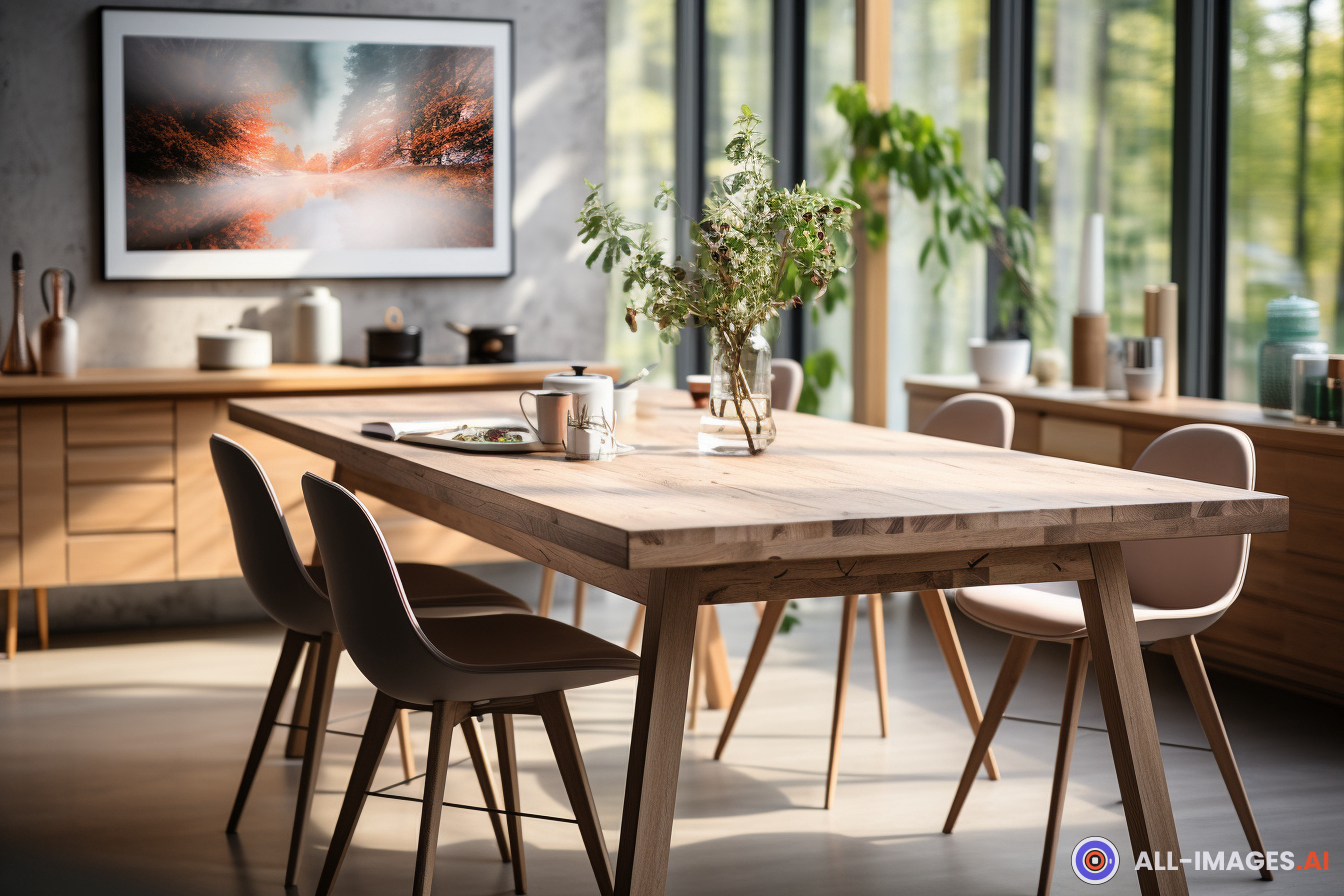 a dining table with chairs and a vase of flowers,tablet, ready, nice, clear, table, furniture, floor, indoor, empty, home, dining, wall, kitchen, window, modern, wood, chair, background, product, interior, kitchen & dining room table, assembly, banner, dining table, dining room, interior design, fuzzy, coffee table, room, clean, design, vase