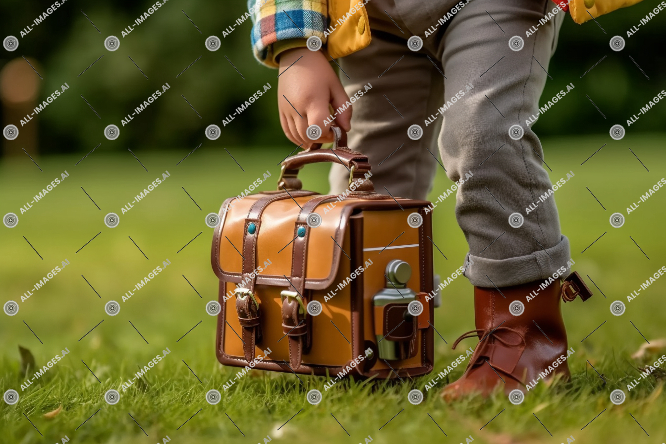 a child holding a brown leather bag,grass, person, luggage and bags, outdoor, accessory, bag, fashion accessory, handbag, clothing, hand luggage, luggage, suitcase, field, standing, backpack, child, wearing, holding, satchel, lunch, box