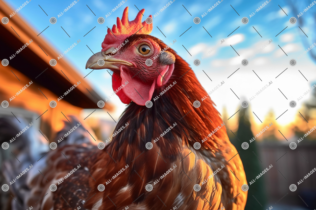 a close up of a rooster,bird, colors, galliformes, bright, visible, standing, sky, fowl, hen, chicken, red, outdoor, comb, clearly, livestock, coq, phasianidae, animal, gallinaceous bird, crest, beak, poultry, rooster