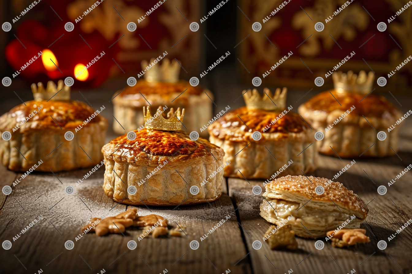 Galette des Rois with Miniature Crowns,des, bougie, galette, tableau, intérieur, collation, Pâtisserie, dessert, séance, pâtisserie, pâtisseries, nourriture, ruissellement, gâteau
