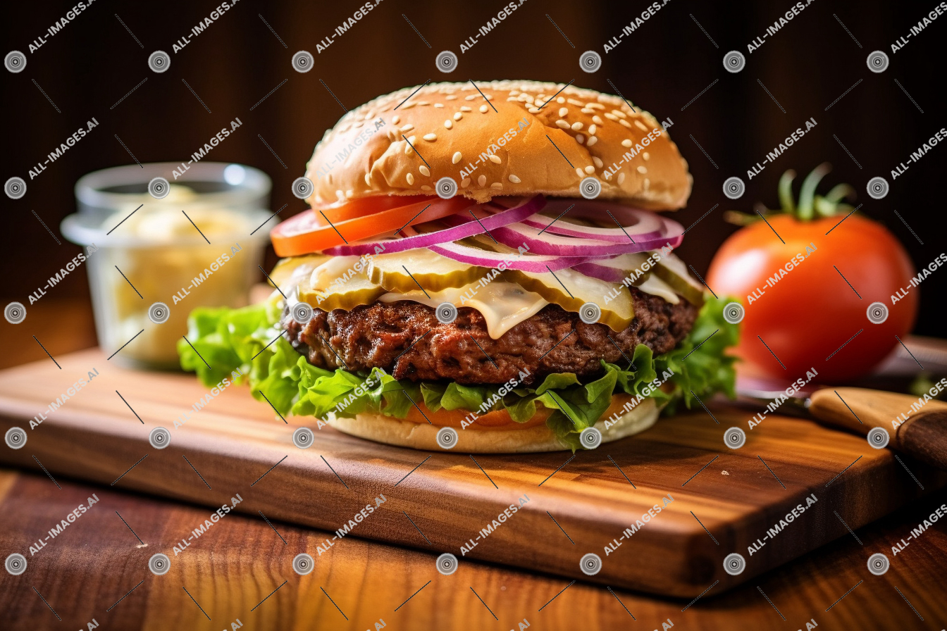 a cheeseburger on a cutting board,sandwich, top, lettuce, burger, restaurant, table, toasted, buffalo burger, hamburger, indoor, bun, burger king premium burgers, view, onions, patty, jucy lucy, angle, cemita, juicy, fast food, cheeseburger, sitting, slider, tomato, food, american food, dish, pickles, cheese, american cheese, chivito, vegetable, bread, breakfast sandwich, wooden, salmon burger