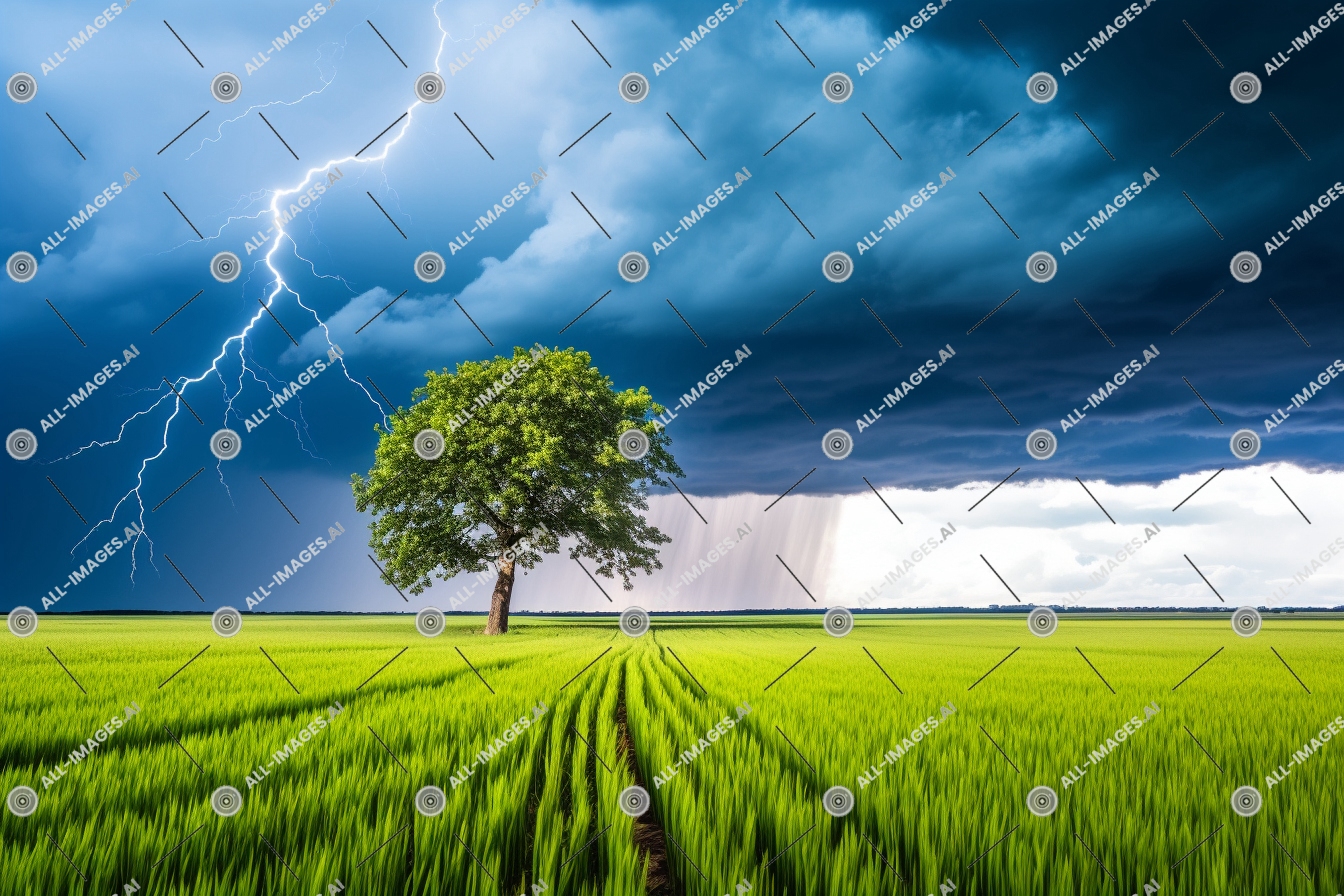 "Lightning Strike Over Vibrant Green Field",paysage, herbe, nuage, ciel, usine, champ, nature, foudre, tonnerre, Extérieur, arbre, lectricit, tempête, orage