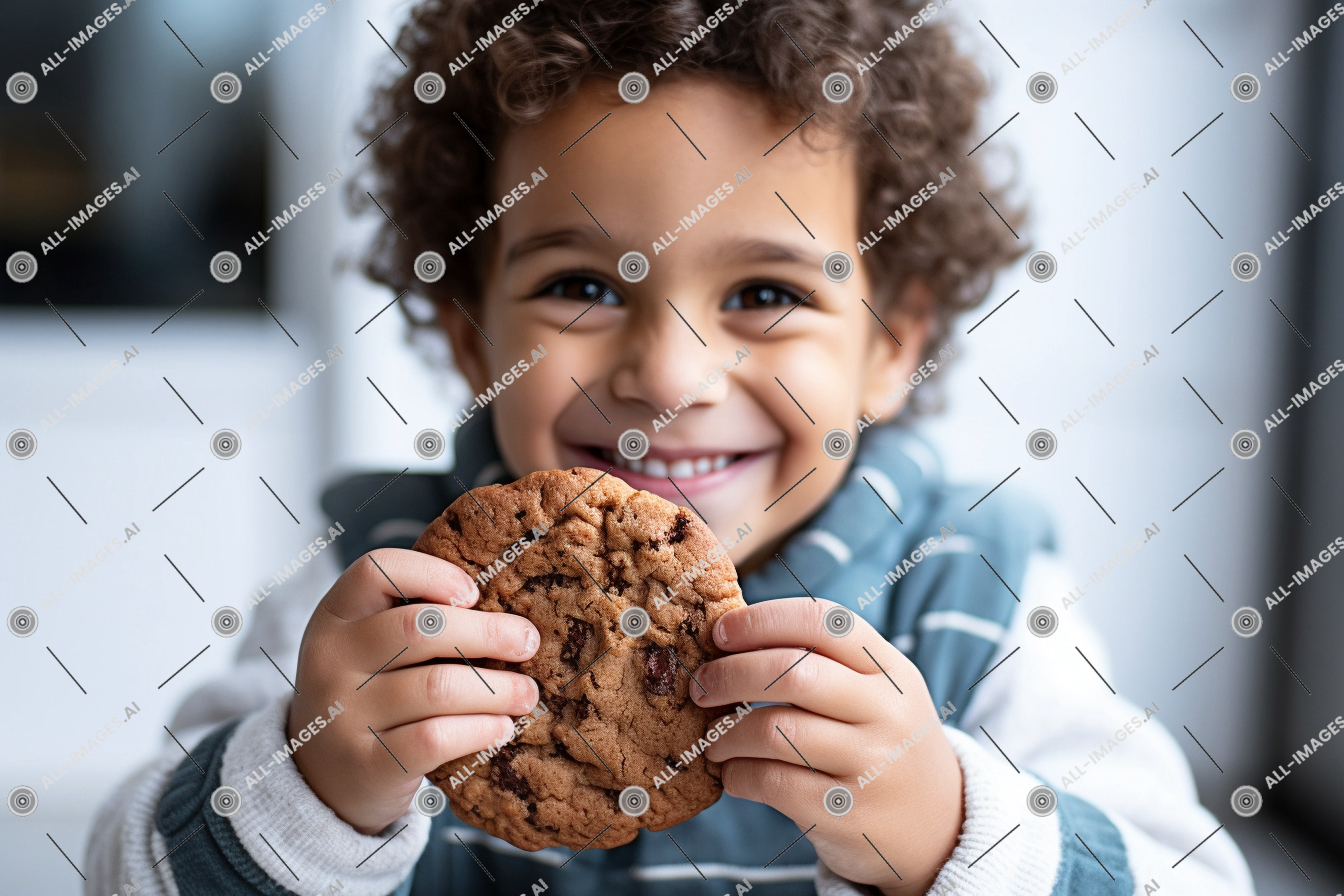a child holding a cookie,person, human face, snack, baked goods, toddler, dessert, young, eating, indoor, food, boy, child, hands, cookie, holding