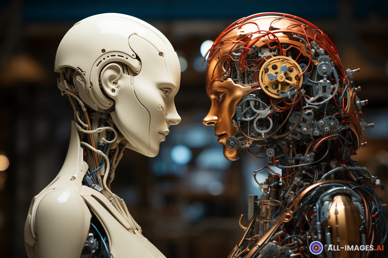 a robot looking at each other,3d, bubble, figures, eye, tools, art, humanoid, statue, bird's, one, view, two, angle, text, gears, containing, speech, face, skull