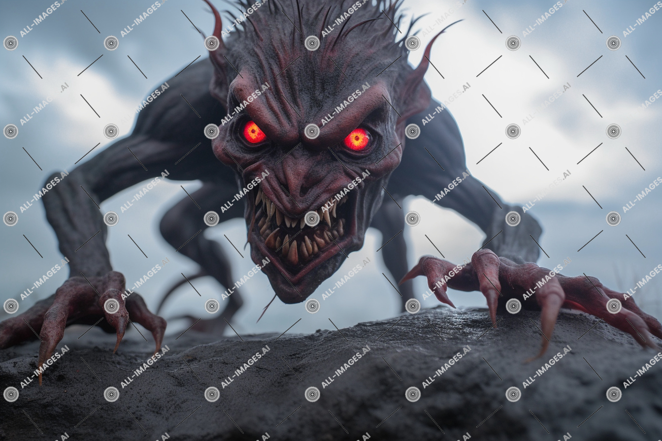 a black creature with red eyes and sharp claws,cg artwork, cloud, dark, sky, rocky, view, redeyed, stormy, black, demon, cliff, background, outdoor, crouching, below, dragon, animal