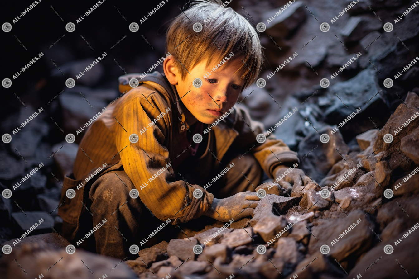 a child playing with rocks,human face, person, clothing, rock, hiking, ground, outdoor, portrait, young, boy, nature, child, mine, old, midst, abandoned