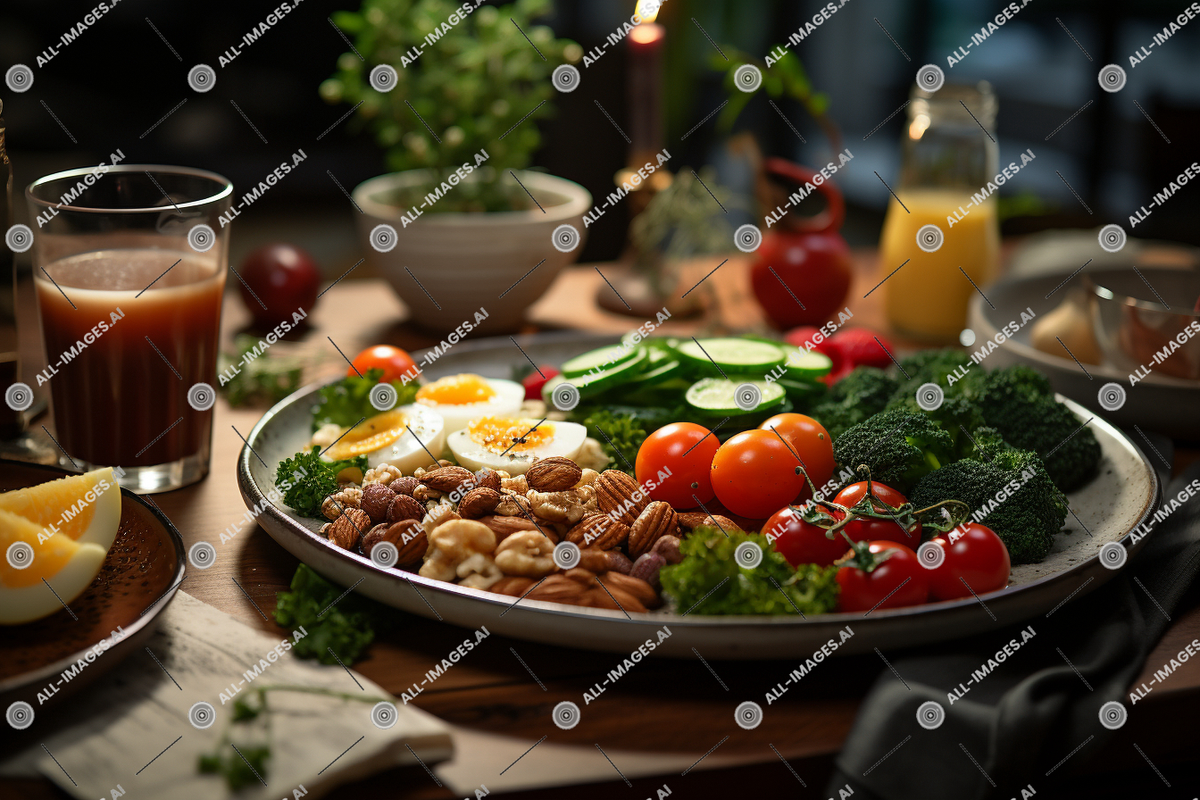 a plate of food on a table,cuisine, plate, meal, produce, table, indoor, fruit, food group, dining, breakfast, tableware, attorney, supper, food, cup, brunch, drink, dish, lunch, ingredient, juice, vegetable, salad