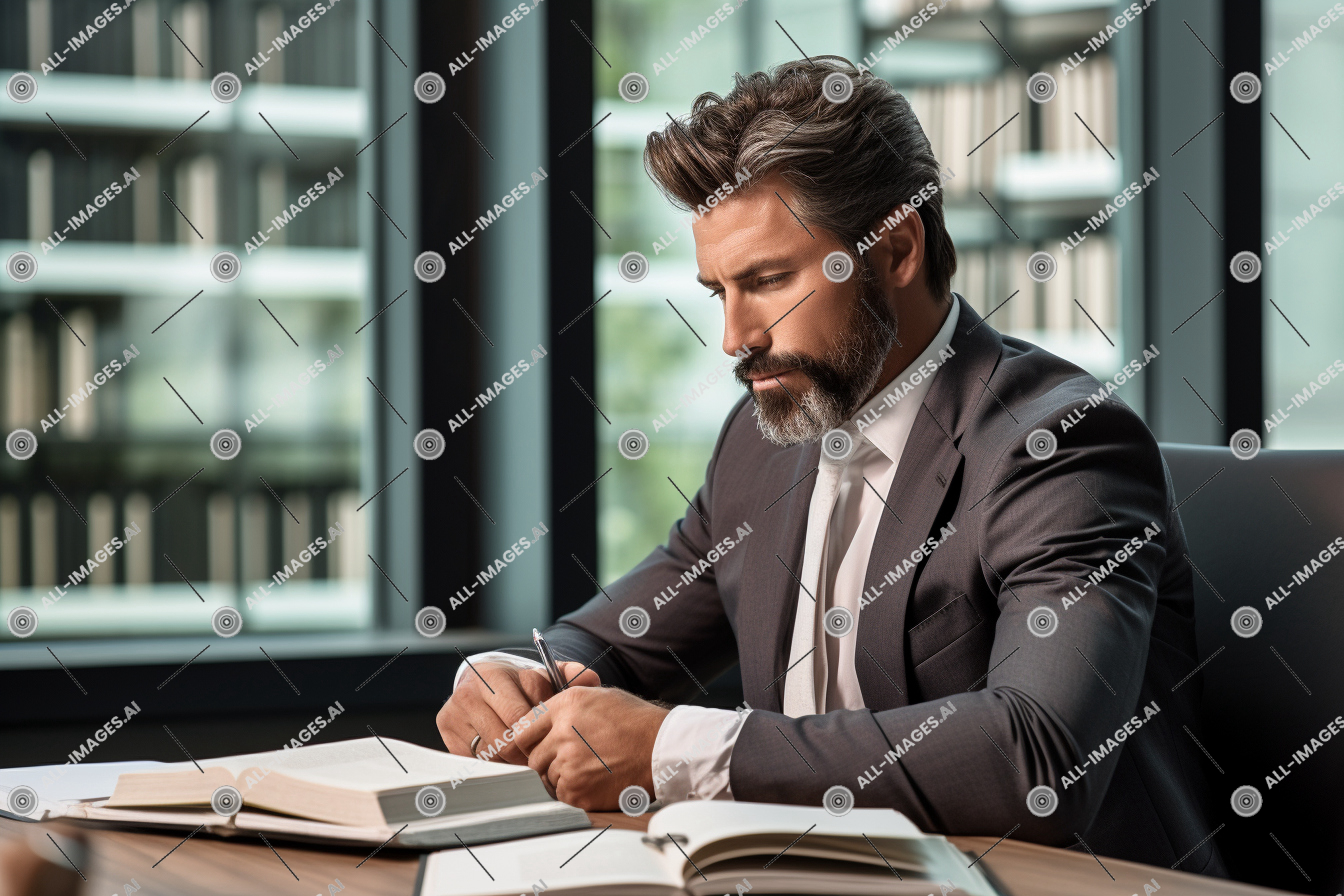 Un homme en costume assis à un bureau avec un livre,livre, personne, personne d'affaires, visage humain, réfléchissant, tableau, bureau, meubles, intérieur, homme, entreprise, séance, pique-nique, bureau, en regardant, vêtements