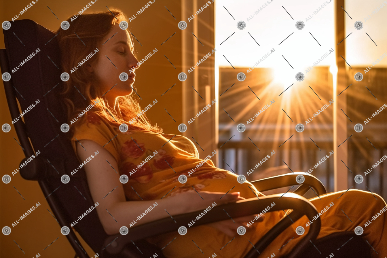 Une femme assise sur une chaise les yeux fermés,personne, visage humain, confortable, lever du soleil, phrase, meubles, intérieur, enceinte, soleil, mur, confort, repos, situation, fenêtre, grossesse, séance, chaise, femme, fille, coucher de soleil, vêtements