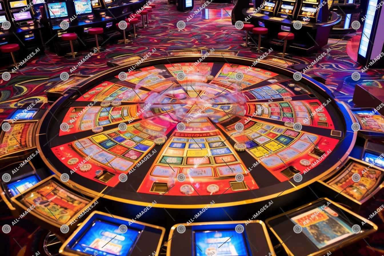 une table de roulette circulaire avec de nombreuses cartes colorées,rempli, roulette, fente, sol, intérieur, vibrant, Jeux et sports intérieurs, au-dessus de, les tables, vu, machine à sous, Machines, Jeux, maison de jeux de hasard, chambre, casino