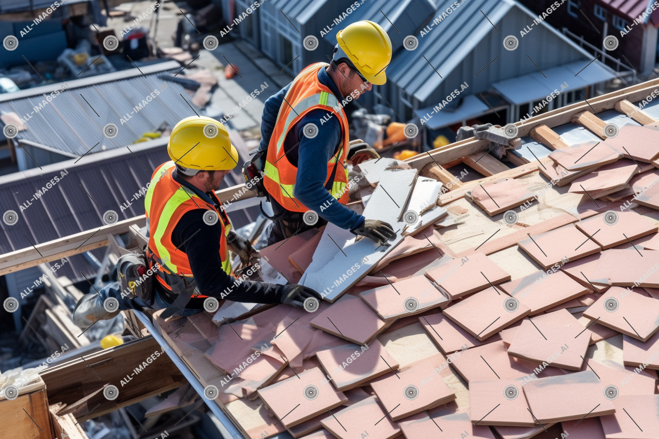 Construction Workers Installing Roof Tiles,avec, visible, construction, assombrissement, bateau à voile, ouvriers, toit, perspective, activement, aérien, installation, matériel