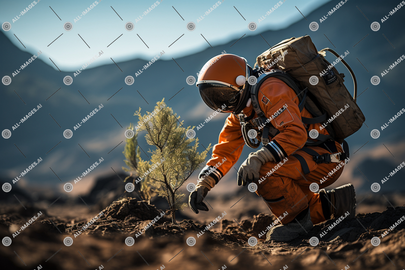Une personne en costume orange à genoux dans la saleté,côté, paysage, Mars, visible, ciel, voir, plantation, Terre, arbre, incliné, rougeâtre, astronaute