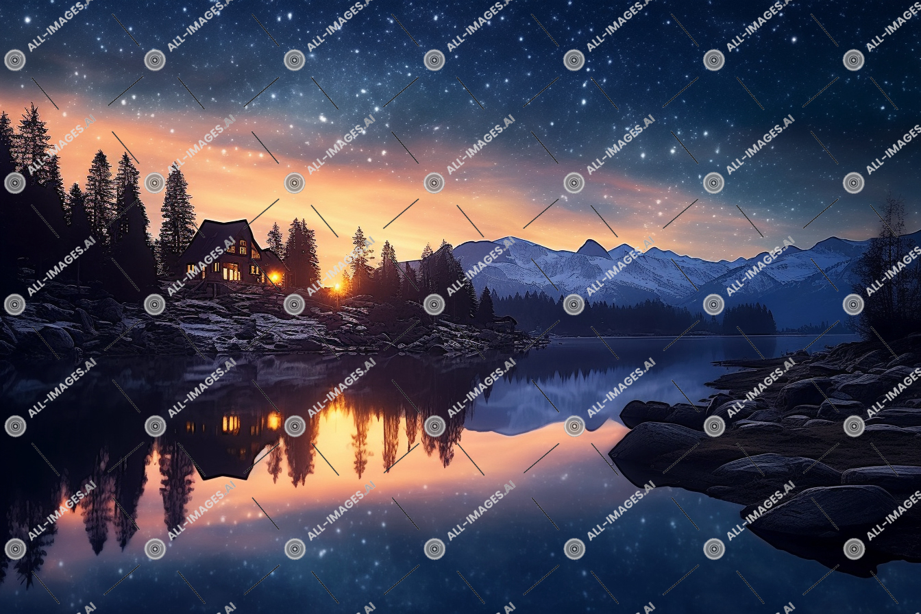 Starry Night Over Mountain Lake Cabin,reflection, starry, secluded, landscape, eye, starlit, sunrise, lake, sky, winter, details, dreamy, imperceptible, nature, star, outdoor, snow, tree, mountain, water, night, day, human, sunset, cabin
