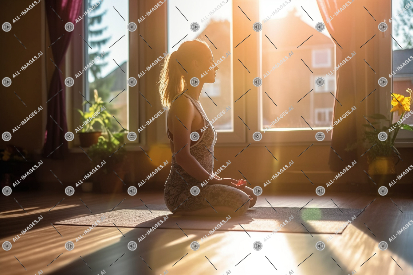 Une femme assise sur un tapis devant une fenêtre,personne, lumière du soleil, phrase, sol, intérieur, enceinte, soleil, pratiquant, mur, doucement, yoga, plante d'appartement, situation, fenêtre, grossesse, lumière, femme, fille, pot de fleur, fleur, vase