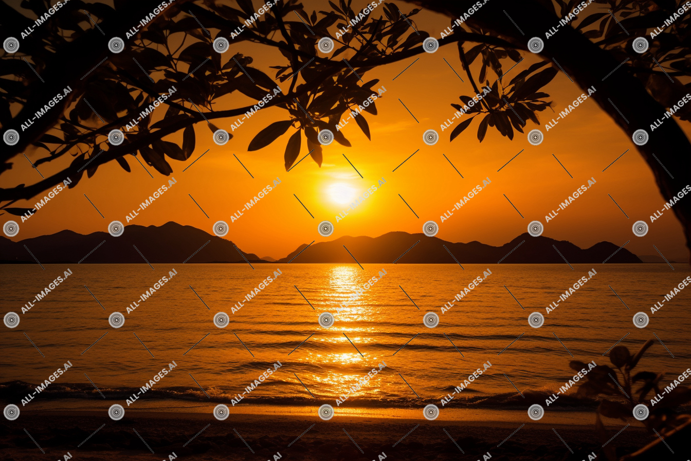 Sunset Silhouette through Tree Branches,soleil, paysage, lumière du soleil, coucher, lever du soleil, plage, rive, lac, horizon, tropiques, ciel, calme, soleil, nature, Extérieur, arbre, montagne, rémanence, eau, de, soir, coucher de soleil, rétro-éclairage
