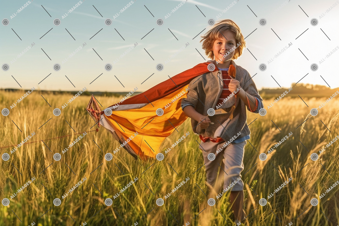 a child running in a field with a kite,grass, outdoor, sky, clothing, person, plant, crop, agriculture, prairie, summer, standing, child, kite, field, sunny, current