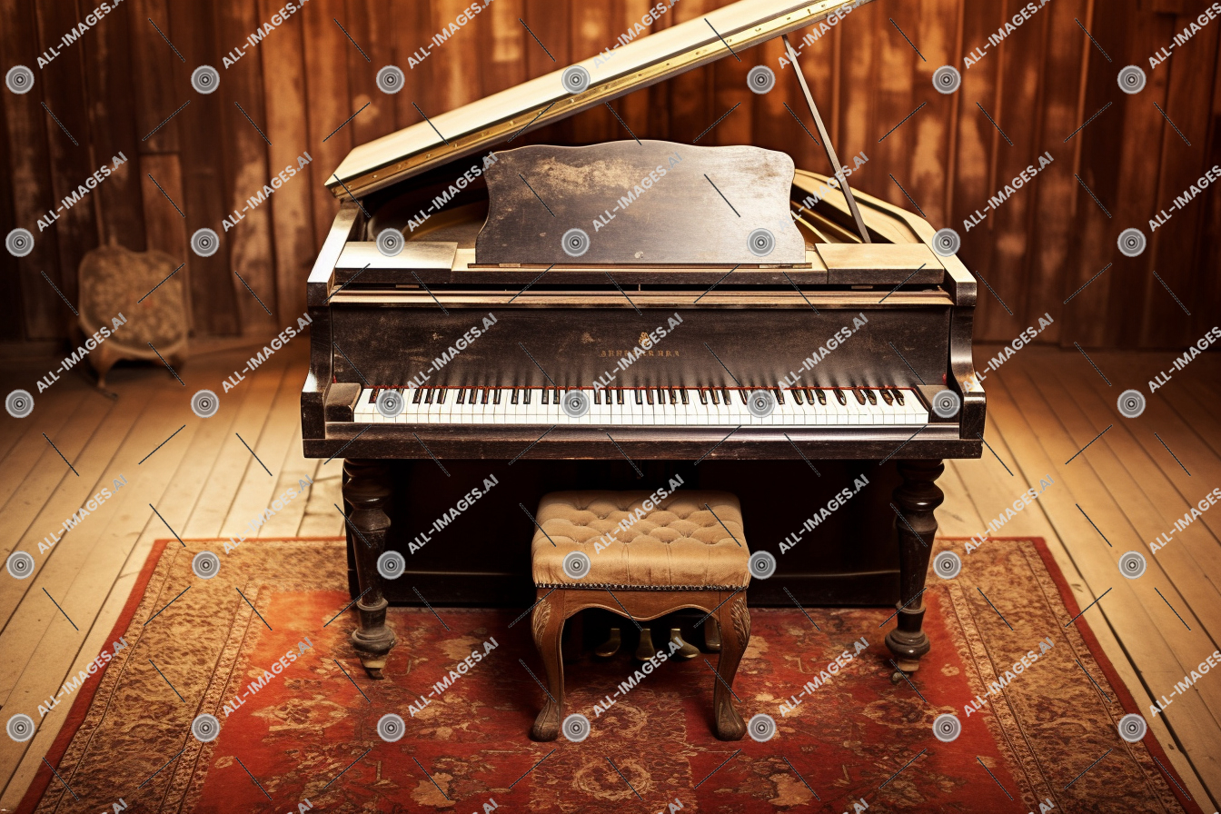 Vintage Grand Piano in Rustic Interior,piano, clavier, clavecin, musique, clavier musical, instrument de musique, sol, intérieur, pianiste, note, musique, épinette, de, chambre