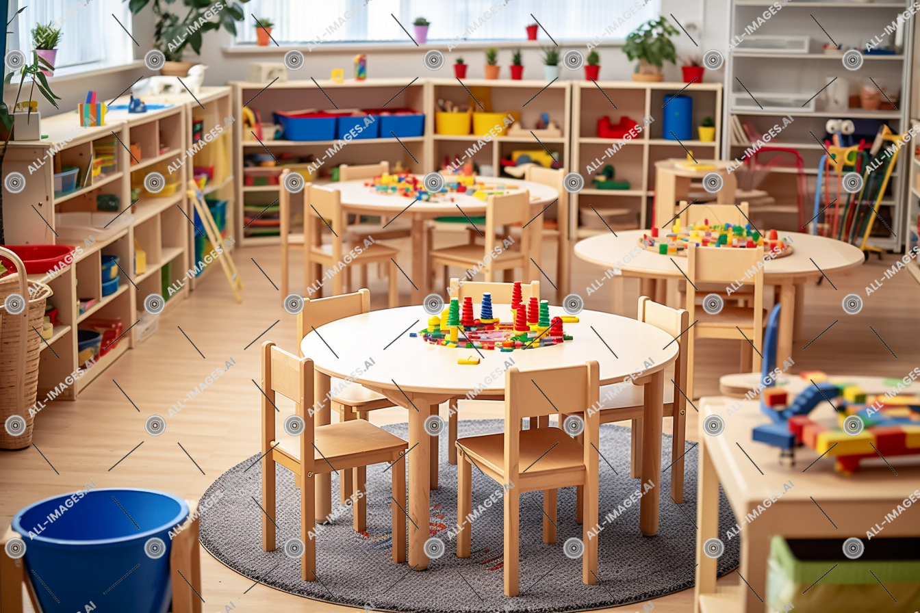 a classroom with a table and chairs,chairs, book, tiny, eye, bright, colorful, table, shelf, bird's, furniture, floor, indoor, view, montessori, round, bookcase, toys, tables, chair, shelves, educational, kitchen & dining room table, classroom, materials, coffee table, library, room, wooden