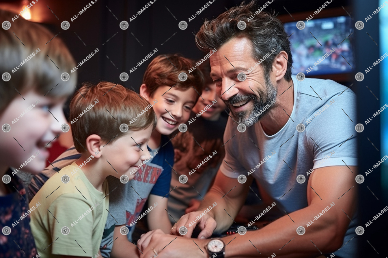a man and boys playing a video game,person, human face, clothing, indoor, smile, girl, interaction, toddler, man, woman, young, people, child, controller, boy, remote