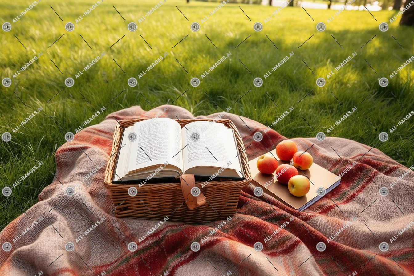 un panier de livres et de pommes sur une couverture,diffuser, livre, herbe, confortable, fruit, voir, au-dessus de, prairie, pose, séance, pique-nique, Extérieur, vert, luxuriant, proche, panier pique-nique, couverture, panier