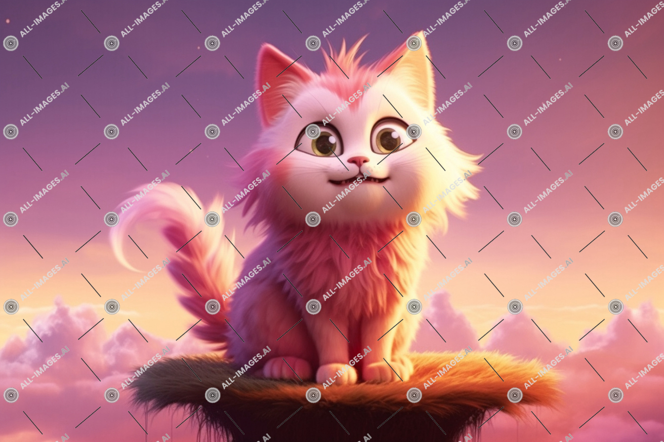 Majestic Cat on a Cliff at Sunset,kawaii, pastel, minuscule, list, chaton, nuage, mammifère, dessin animé, pinkhued, angle, visualisé, séance, sourire, duveteux, animal, largeeyed, chat