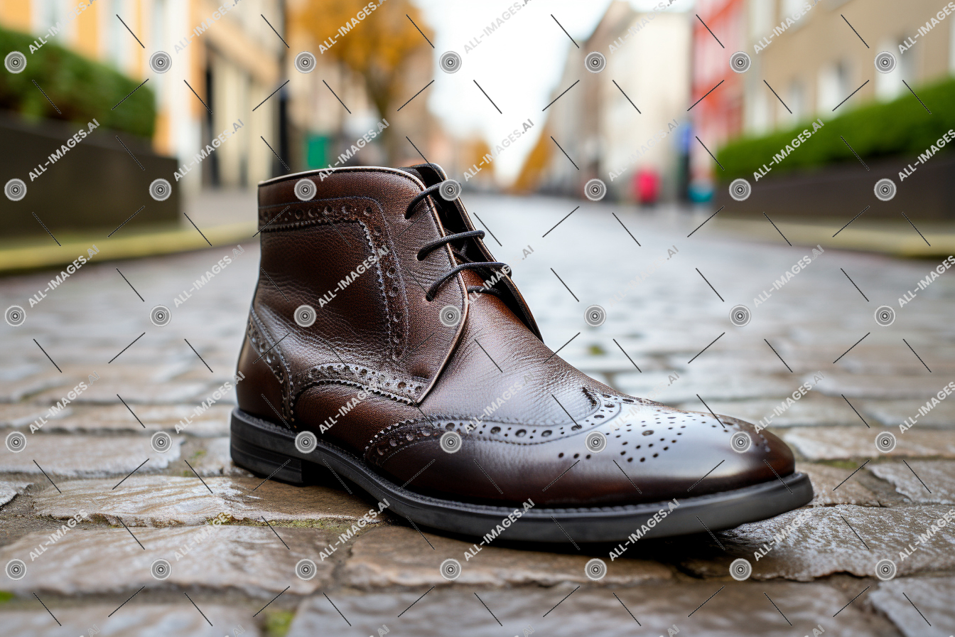 a brown leather shoe on a street,eye, footwear, shoe, bird's, view, cobblestone, black, ground, outdoor, shoes, building, leather, boot, clothing, street