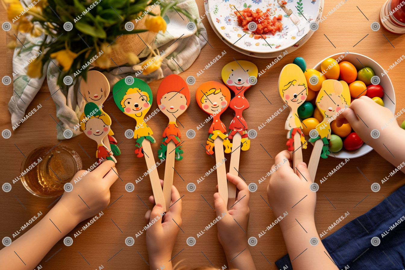 a group of hands holding wooden spoons with faces on them,person, indoor, food, table, tableware, child, floor, girl