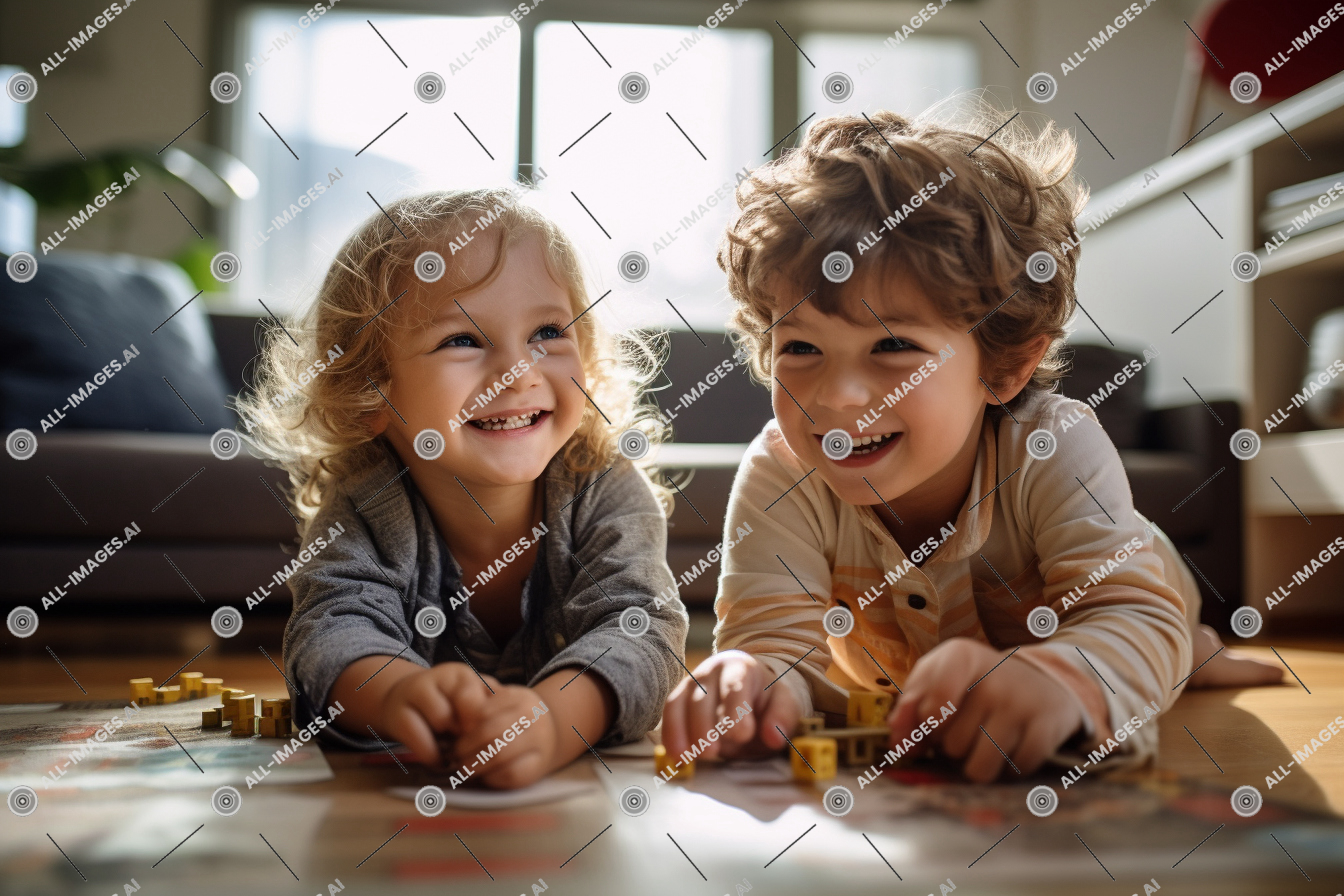 a couple of children playing with blocks on the floor,person, human face, toddler, indoor, clothing, smile, baby, girl, furniture, table, child, sitting, young, window, wall, floor, boy