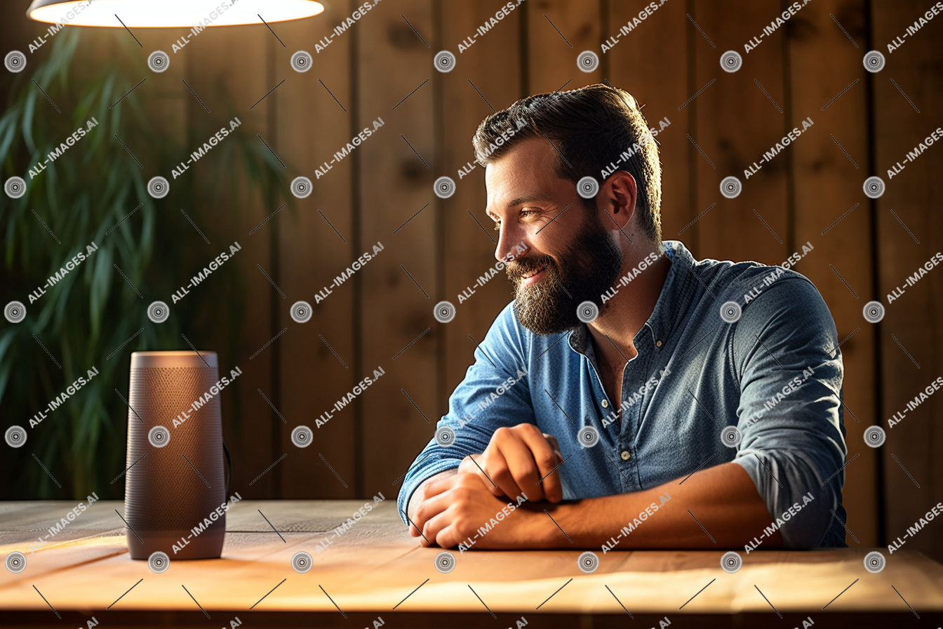 Un homme assis à une table avec un haut-parleur,personne, visage humain, tableau, meubles, intérieur, mur, séance, lampe, vase, vêtements