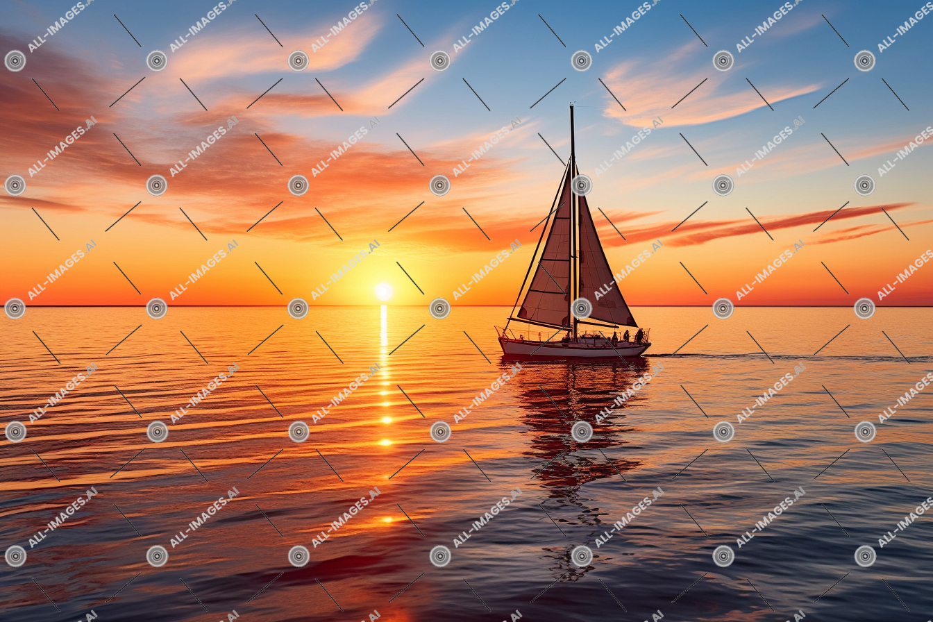 Un voilier sur l'eau,motomarine, nuage, naviguer, lever du soleil, ciel, calme, mer, soleil, océan, bateau, mât, bateau, Extérieur, voile, transport, véhicule, eau, coucher de soleil, voilier, voilier