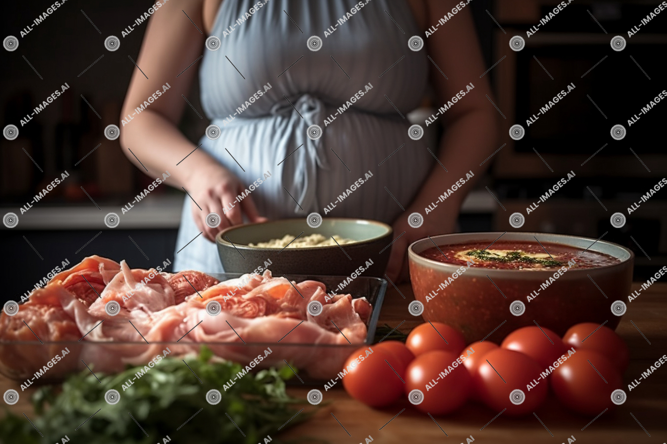 une femme debout devant une table pleine de nourriture,en train de préparer, personne, phrase, repas, produire, intérieur, enceinte, groupe alimentaire, viande, nutritif, situation, Fast food, grossesse, tomate, nourriture, femme, ingrédient, légume, salade