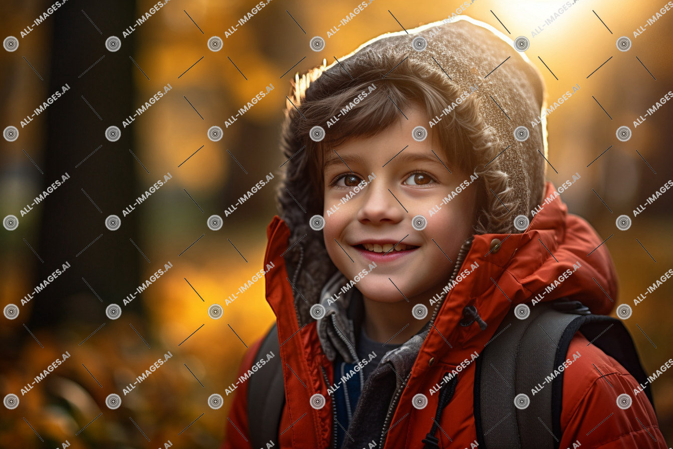 a boy wearing a red jacket and a grey hat,person, human face, clothing, outdoor, smile, portrait, scarf, girl, toddler, autumn, young, jacket, boy, wearing, fall, child, red, winter