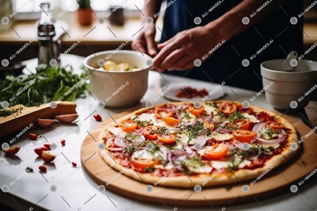 a person preparing a pizza,cuisine, preparing, person, meal, recipe, table, toppings, indoor, pizza cheese, california-style pizza, cutting, kitchen, italian food, fast food, tableware, baked goods, food, woman, dish, pizza, flatbread