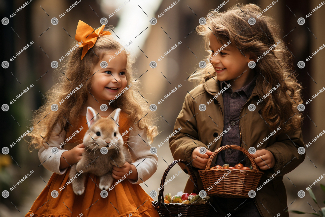 two children holding a rabbit and a basket of eggs,person, human face, clothing, toddler, smile, baby, toy, outdoor, child, young, woman, doll, side, easter, view, happy, angle, bunnies, dressed, holding, baskets, girl, boy