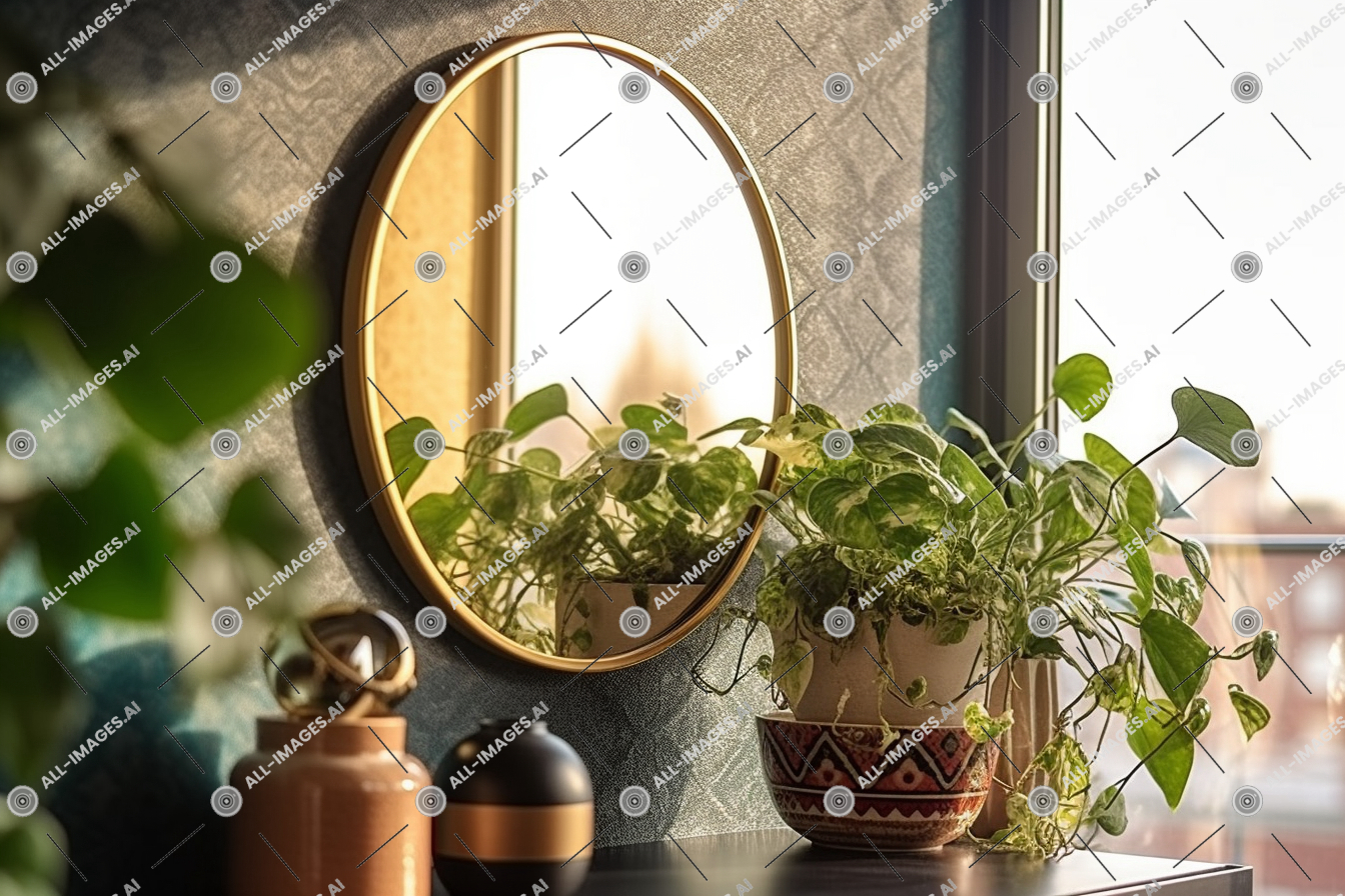 Un miroir sur une table avec des plantes,pot, miroir, décoration, tableau, intérieur, usine, mur, les types, plante d'appartement, rond, fenêtre, cadre, séance, différent, pot de fleur, fleur, doré, vase, métal