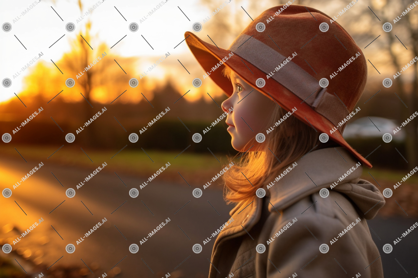 a child in a hat looking at the sunset,outdoor, headdress, sky, clothing, person, tree, sun hat, fashion accessory, human face, headgear, fedora, sun, sunset, woman, girl, street, red, child, colored, winter, wearing, hat, coat