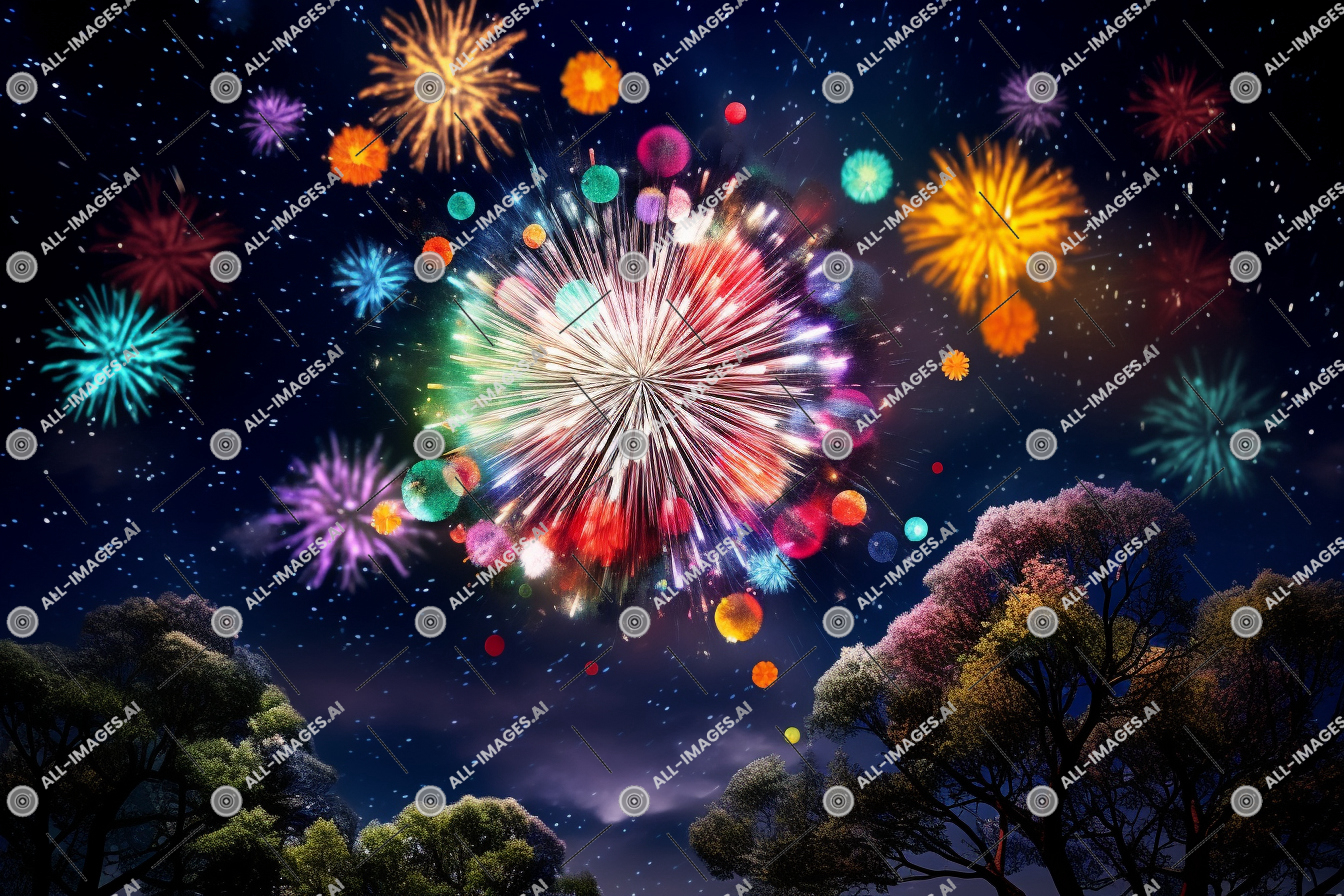 Vibrant Fireworks Display Over Night Sky,explosant, coloré, vivement, festival, visible, ciel, feux d'artifice, complet, angle, le jour de l'An, années, visualisé, nouvelle année, faible, Extérieur, arbre, réveillon de Nouvel an, nouveau, nuit, jour, lune