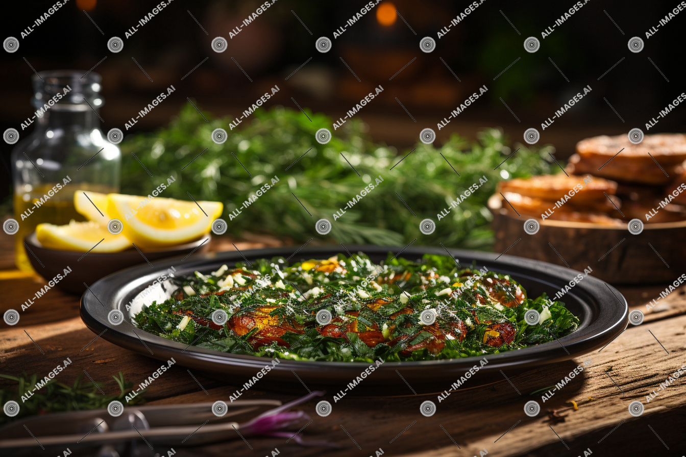 a plate of food on a table,cuisine, gremolata, meal, recipe, table, gourmet, surrounded, garnish, indoor, view, rustic, lemon, tableware, supper, food, fresh, dish, ingredient, vegetable, closeup, salad, bowl, wooden, herbs