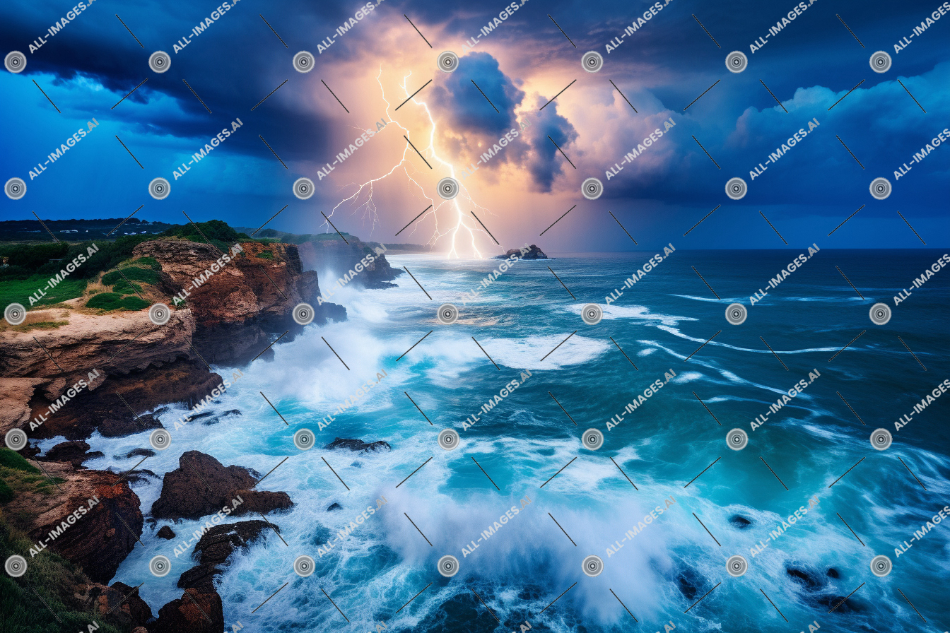 lightning striking a rocky beach,cloud, sky, nature, water, outdoor, landscape, lightning, storm, seascape, ocean, wave, beach, sea, coast, lectricit