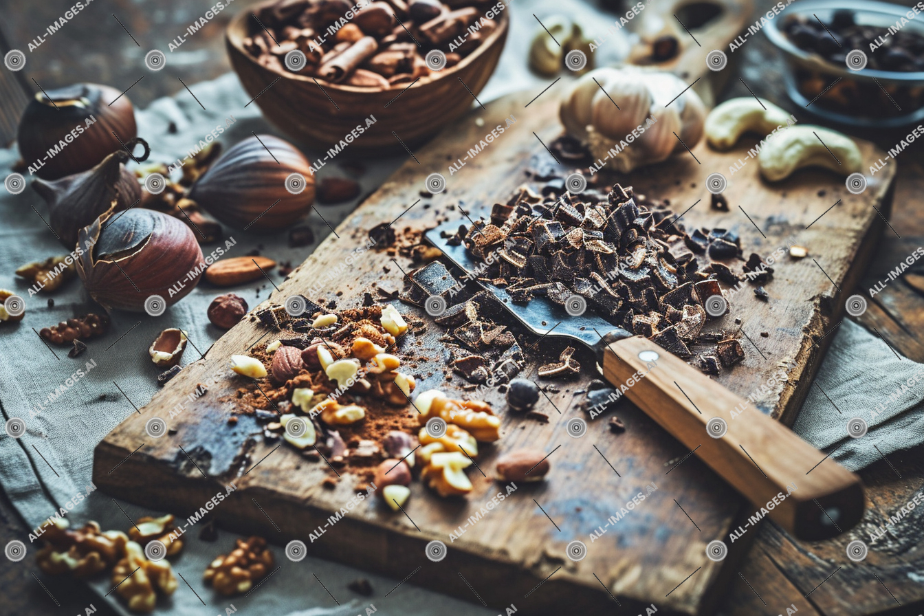 Chocolate and Nuts on Wooden Cutting Board,chiodo arrugginito, Noci, fatto a mano, interno, Scegliere, Alimenti, pino, prominente