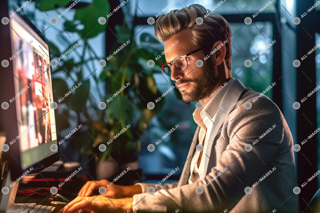 Un homme en costume et des lunettes travaillant sur un ordinateur,filtrer, personne, visage humain, musique, directeur, intérieur, ordinateur portable, décision, fenêtre, entreprise, séance, ordinateur, fabrication, en utilisant, important, vêtements, contre
