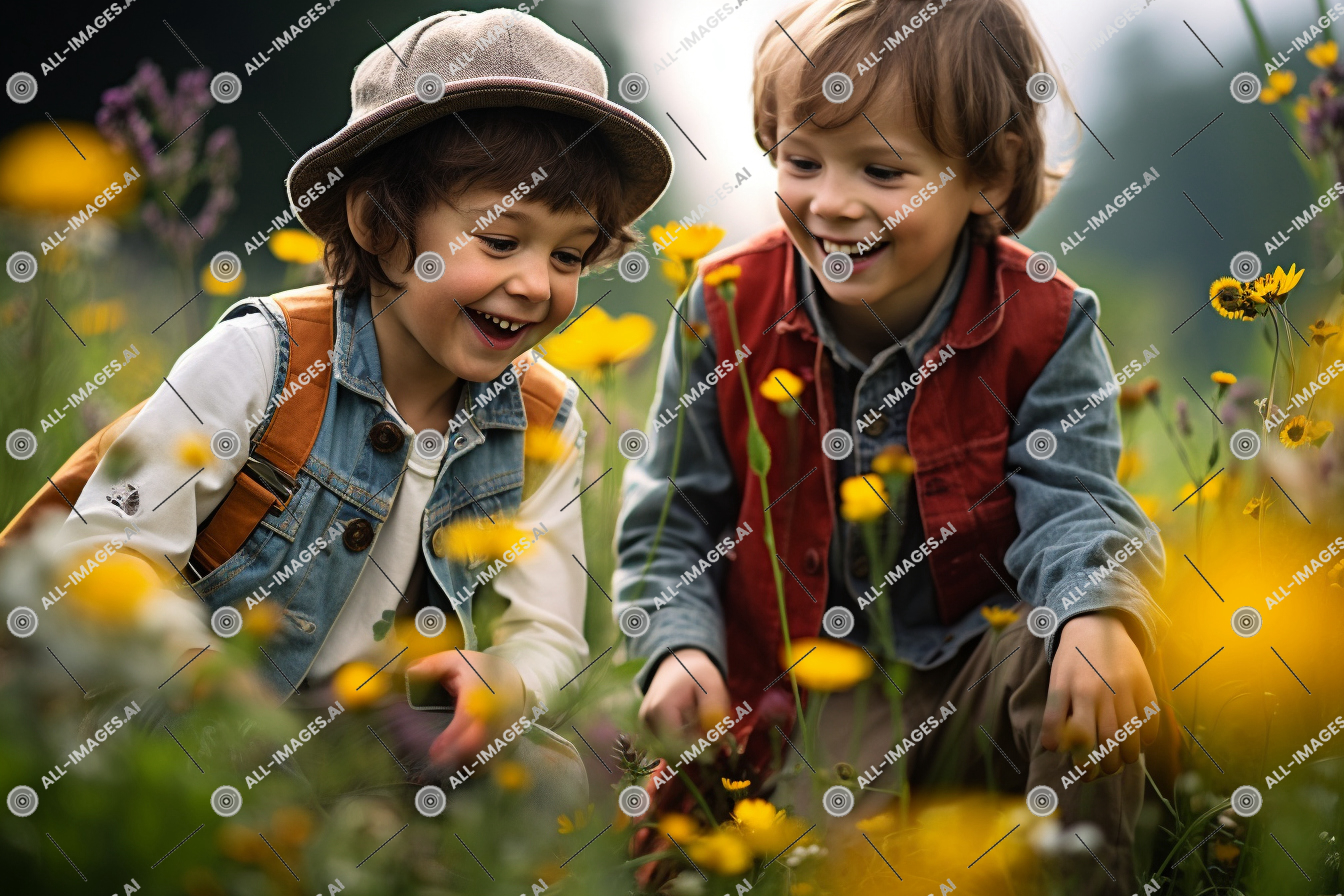 two children in a field of flowers,person, clothing, human face, toddler, outdoor, flower, smile, hat, young, plant, sun hat, girl, boy, yellow, child, spring, happily, field, flowers, children, play
