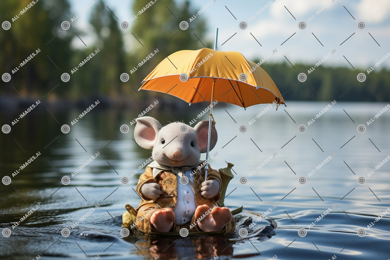 un animal en peluche dans un costume tenant un parapluie dans l'eau,minuscule, lac, ciel, éléphant, parapluie, angle, visualisé, inférieur, Extérieur, accessoire, pacifique, visqueux, eau, jouet, flottant