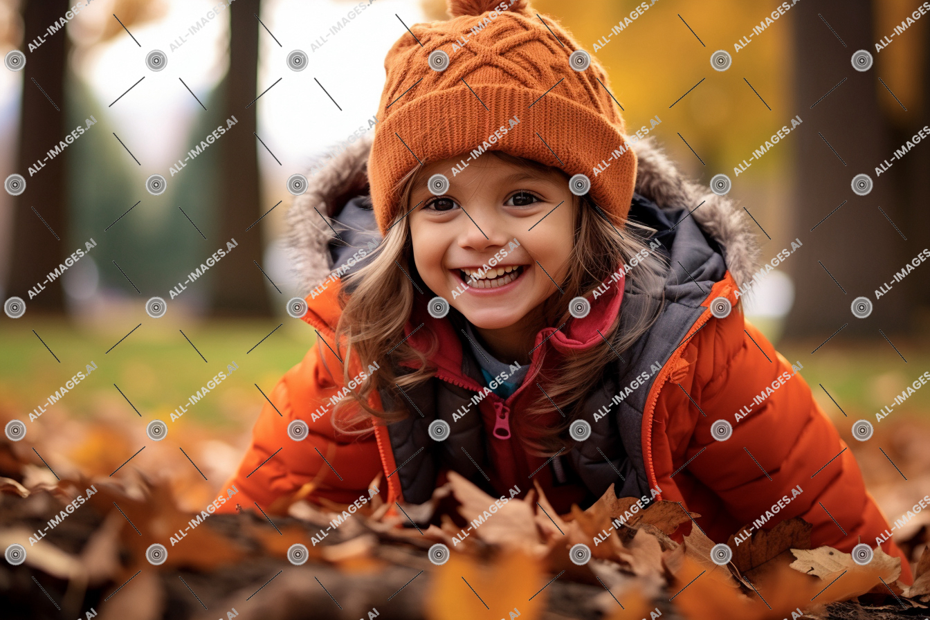 a girl in a hat and jacket lying on leaves,person, human face, outdoor, smile, clothing, autumn, toddler, tree, bonnet, young, girl, leaf, winter, boy, jacket, child, weather, nice, leaves, fall, fun, park