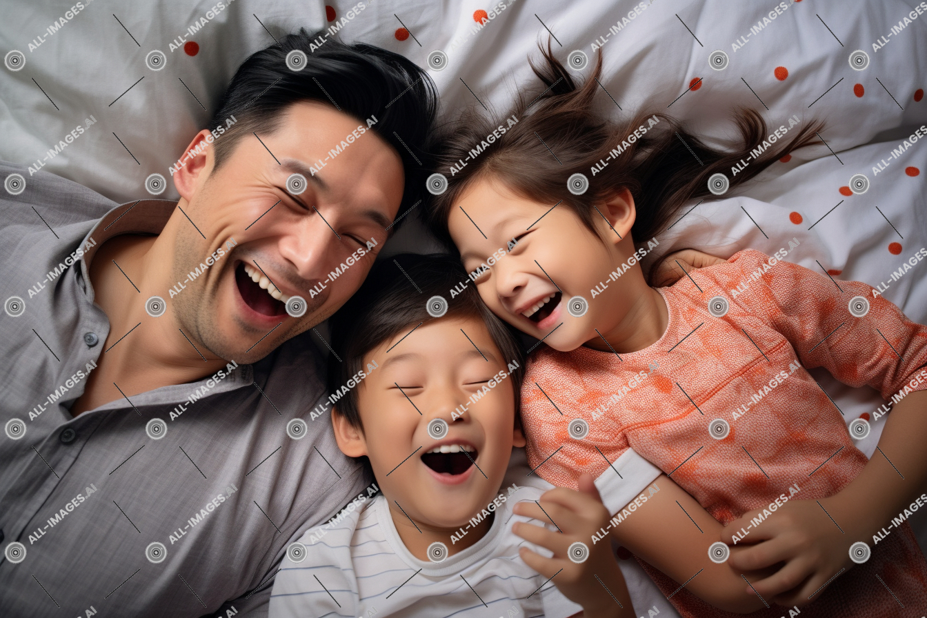 a man and children lying on a bed,person, human face, smile, clothing, indoor, boy, toddler, baby, laugh, child, skin, comfort, tooth, girl, during, bed, relaxing, overhead, family, happy, angle, morning, smiling, weekend, playing