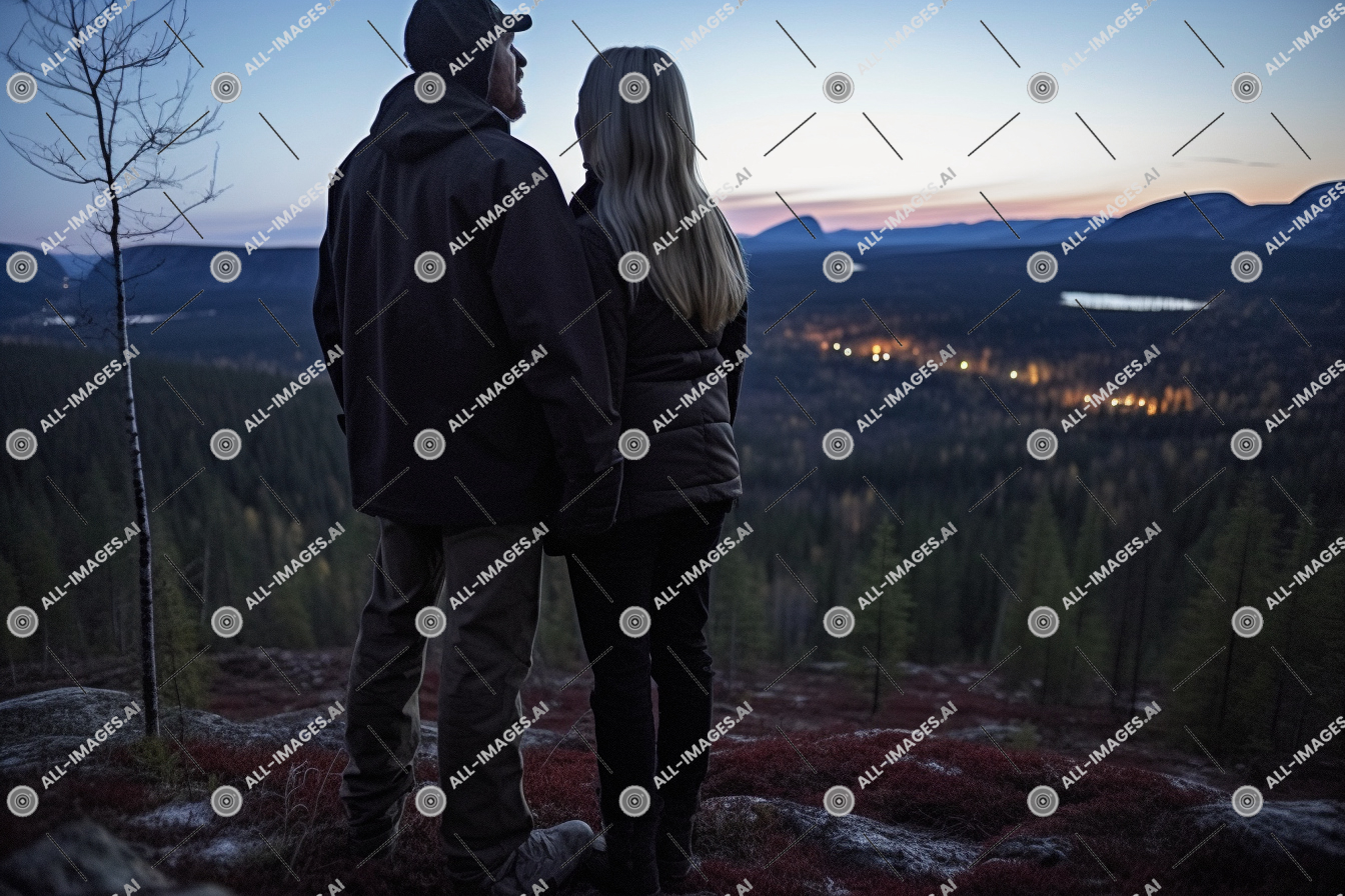 Un homme et une femme debout sur une colline en regardant une ville,veste, personne, clair, debout, sombre, randonnée, ciel, hiver, homme, couple, aube, nature, cemita, Extérieur, arbre, montagne, nuit, en regardant, vêtements
