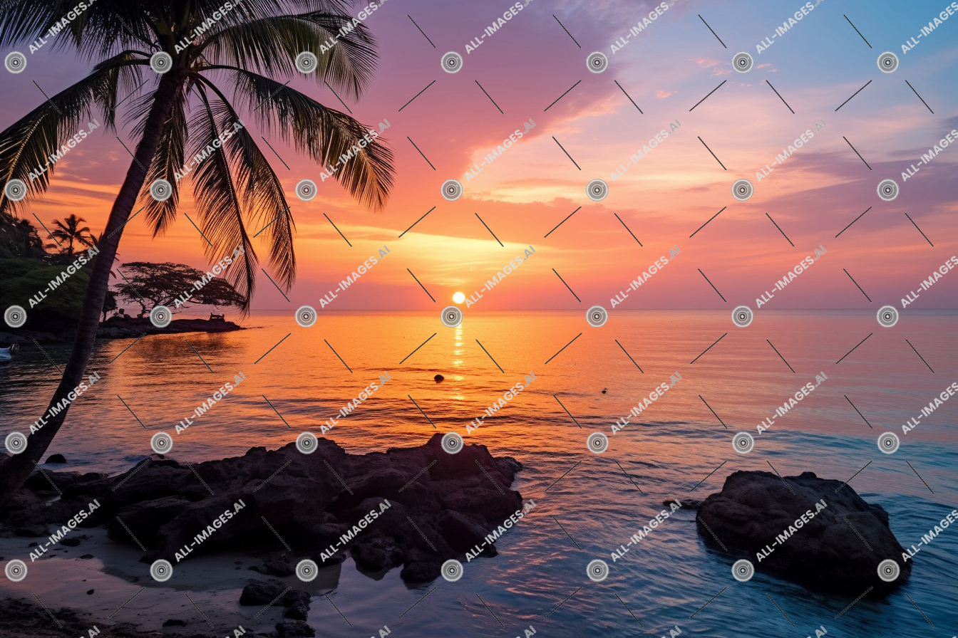 a sunset over a body of water,outdoor, water, tree, cloud, tropics, palm tree, sky, beach, arecales, caribbean, horizon, coastal and oceanic landforms, nature, sunrise, afterglow, landscape, ocean, shore, sun, plant, soleil, far, tranquil, coucher, calm, sea, view, angle, trees, low, silhouettes, distance, de, sunset, palm