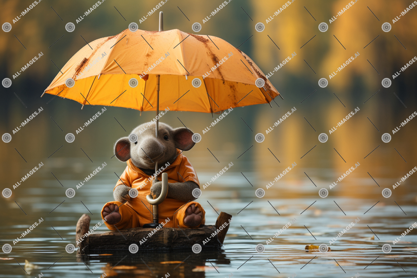 Un éléphant en peluche dans un bateau avec un parapluie,minuscule, personne, lac, éléphant, parapluie, angle, visualisé, séance, inférieur, Extérieur, accessoire, pacifique, visqueux, eau, flottant