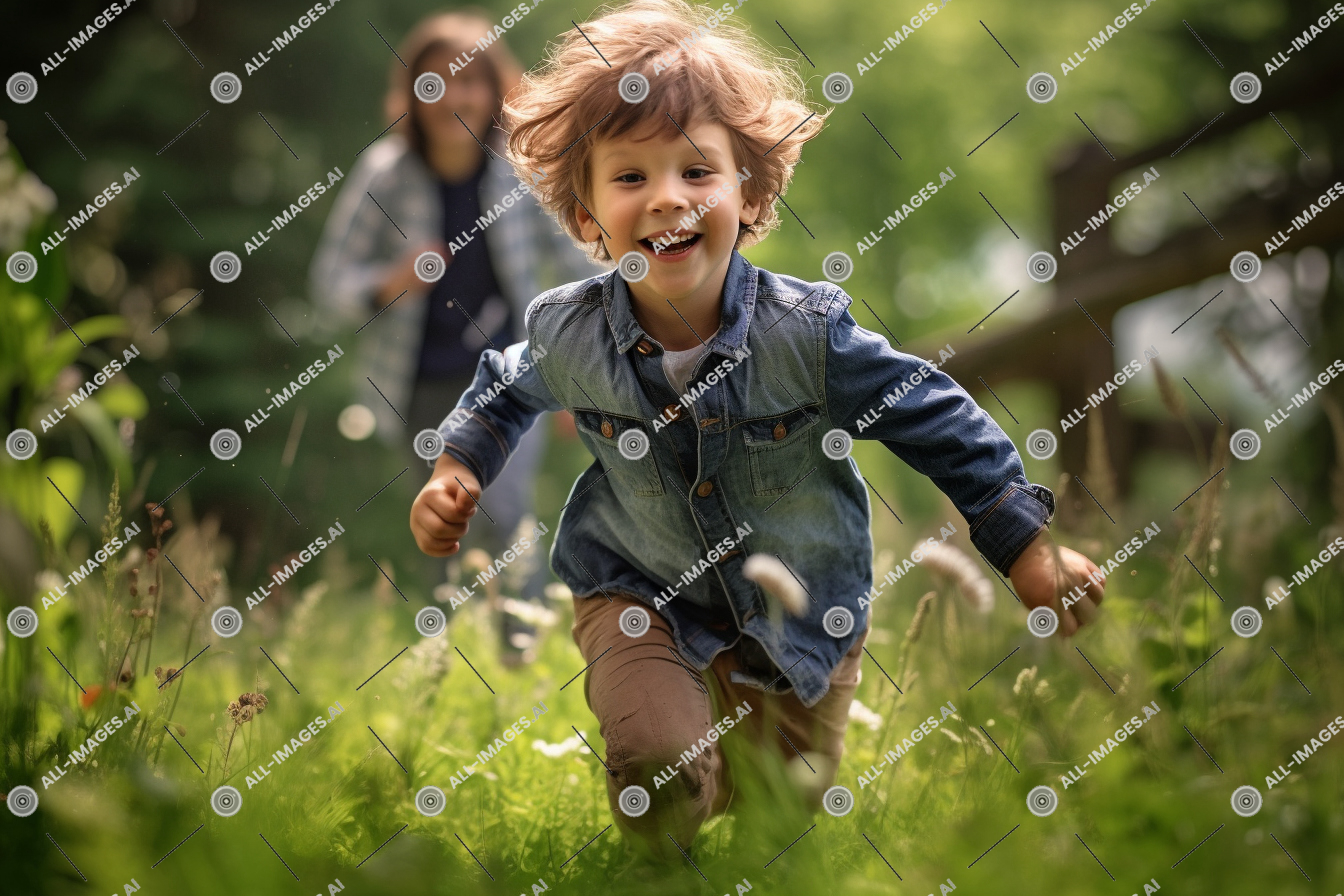 un enfant coulant dans l'herbe avec une femme derrière lui,enfant, herbe, personne, jeune, visage humain, usine, Extérieur, été, fille, tout-petit, garçon, bébé, vêtements