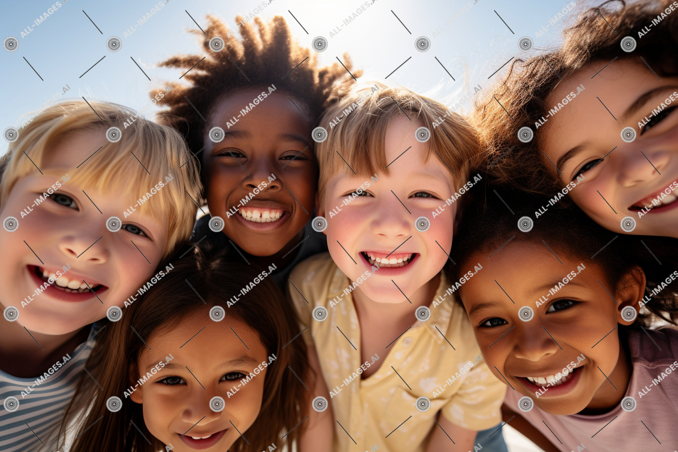 a group of children smiling for a photo,person, human face, smile, clothing, sky, friendship, tooth, laugh, adolescent, fun, people, toddler, outdoor, youth, posing, iris, young, child, girl, boy, standing, huddled, group, happy, children, lowangle, sunny, smiling, diverse, day, shot, together